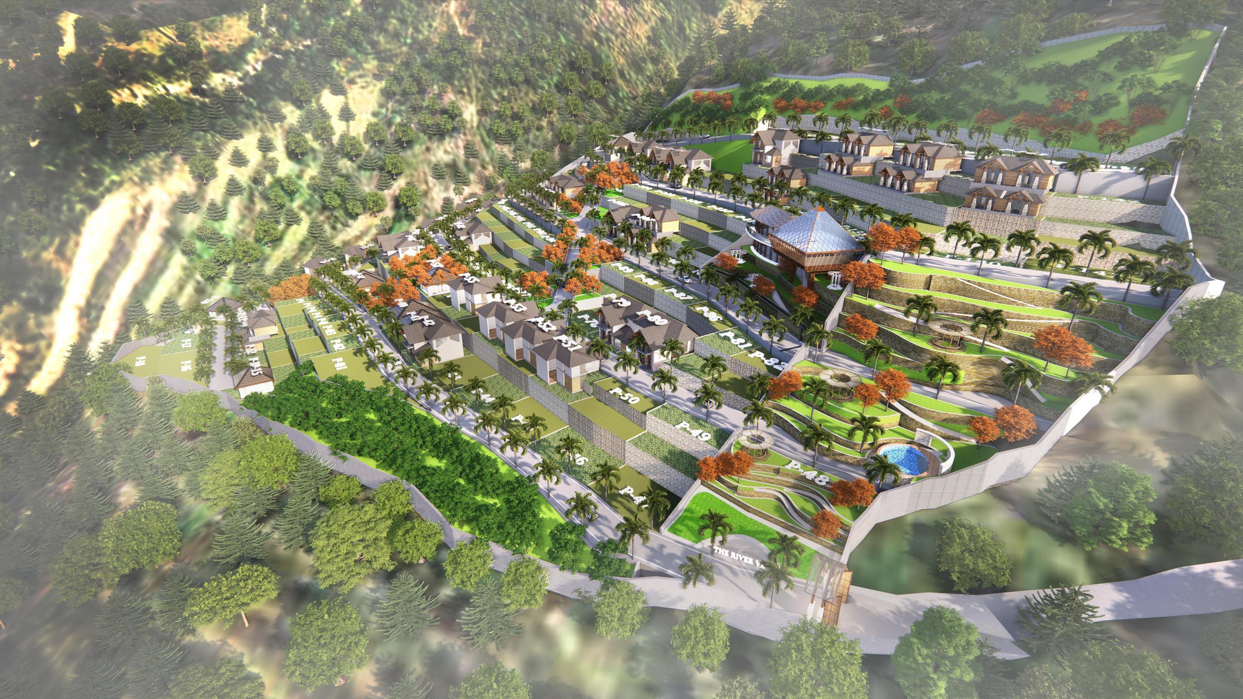 Aerial view of terraced cottages and community landscape