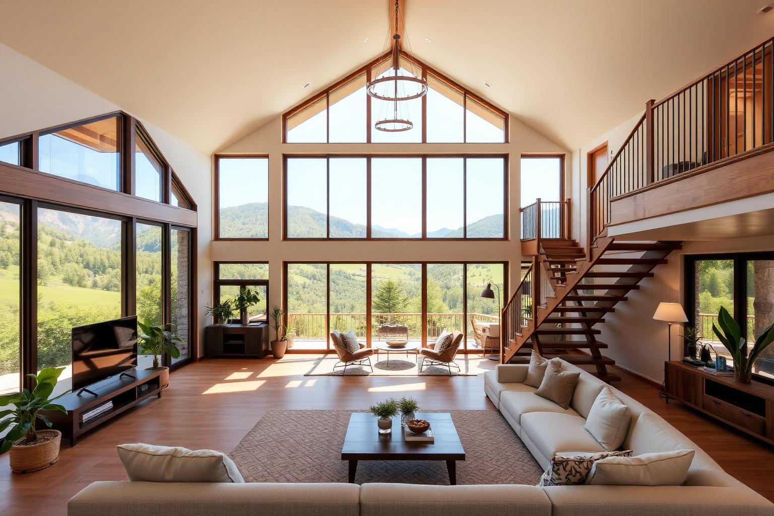 Duplex cottage interior with double-height ceiling and valley view