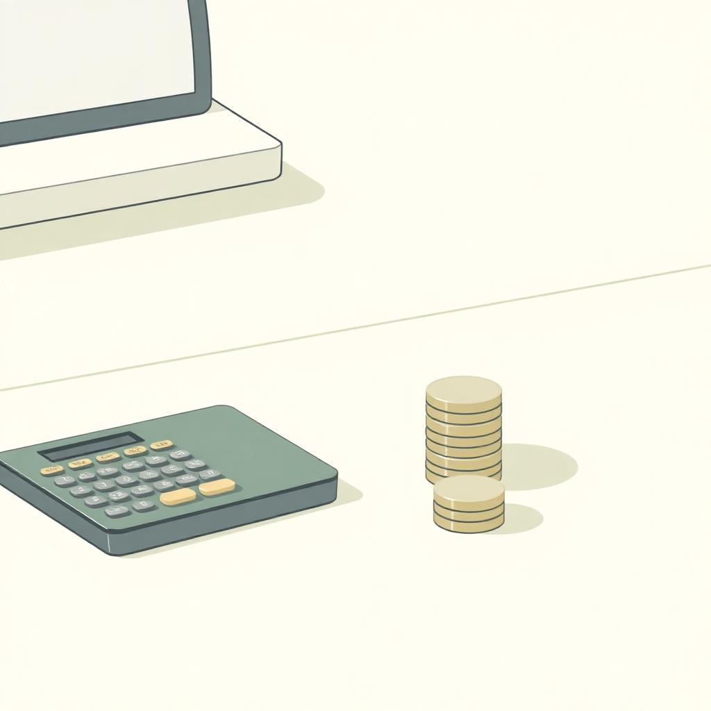 Calculator, credit card and stacked coins on a desk