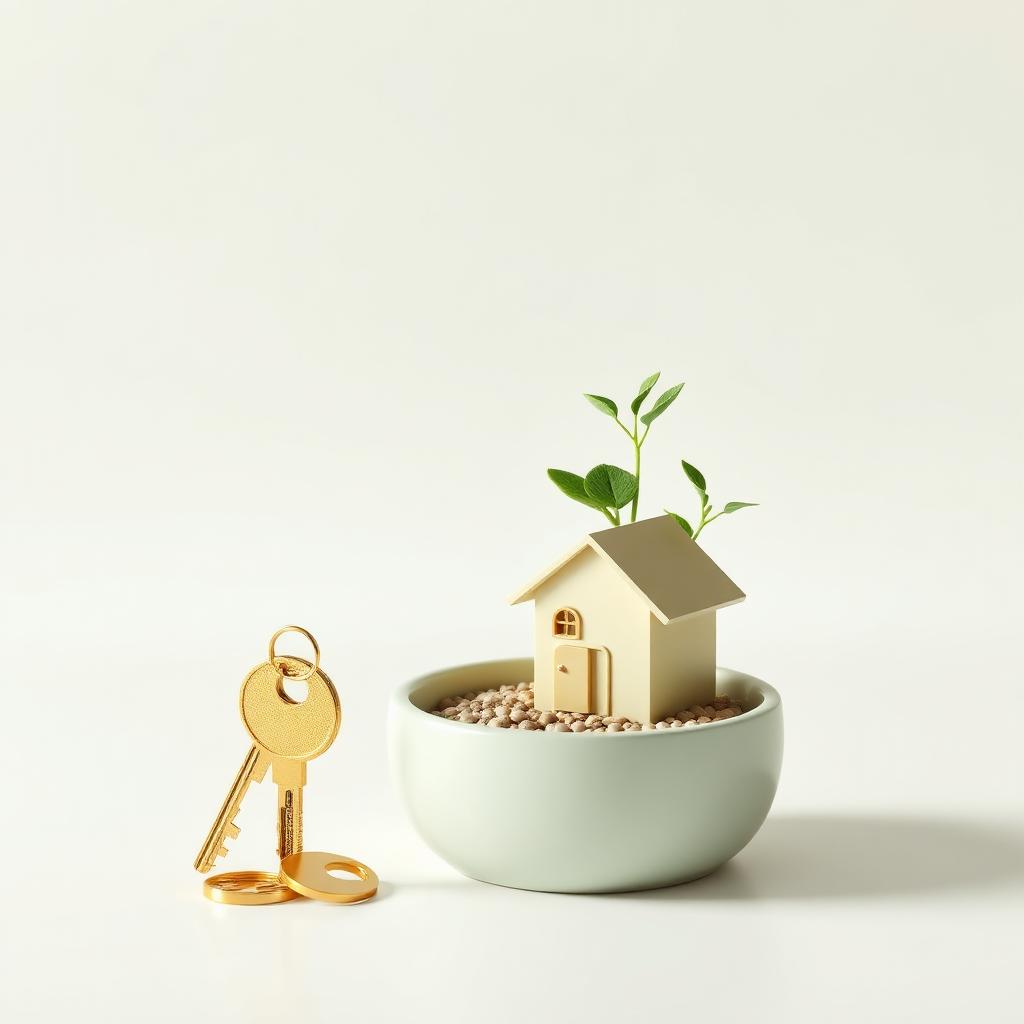 Golden key beside a small house model with growing plant