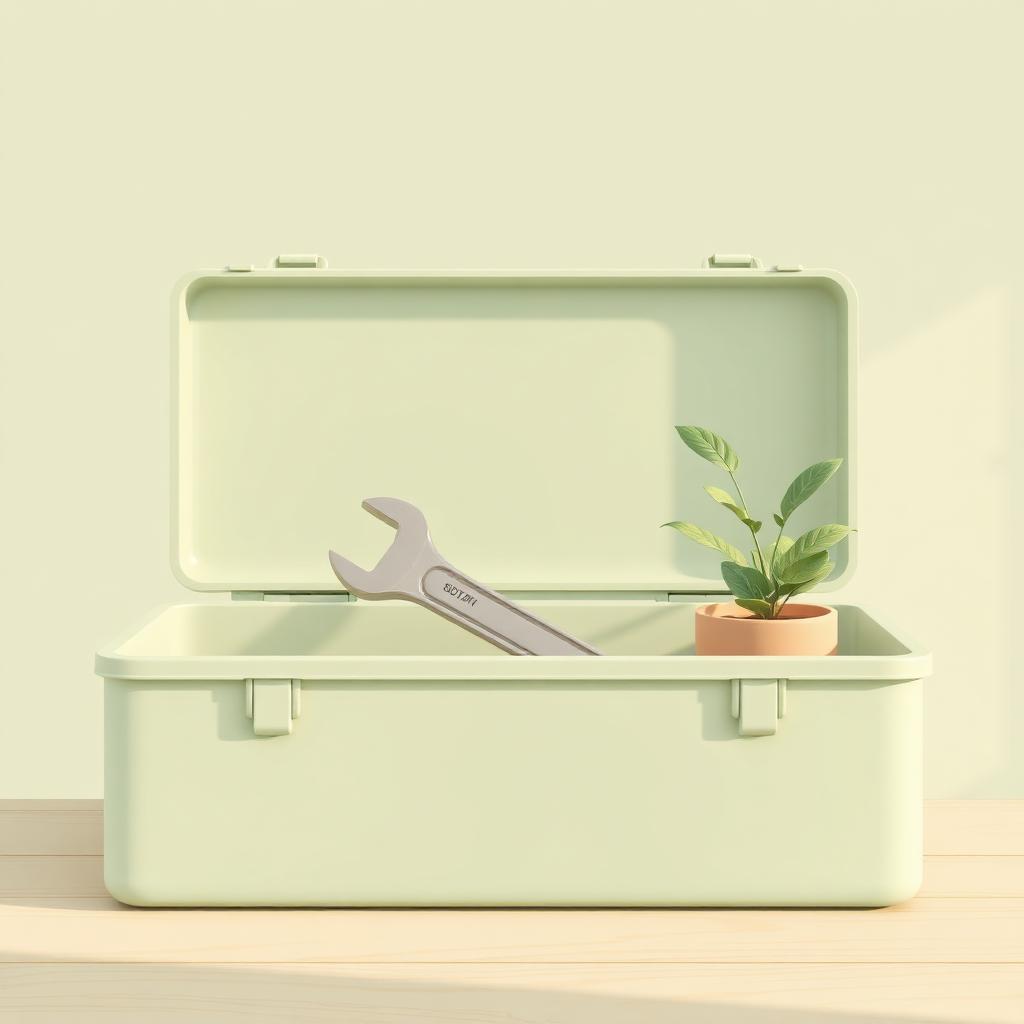 Clean toolbox with a wrench and a small potted plant